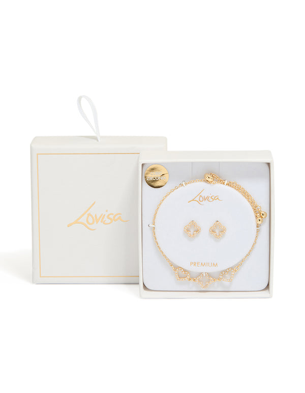 Gold Plated Cubic Zirconia Flower & Heart Outline Bracelet & Earrings Set