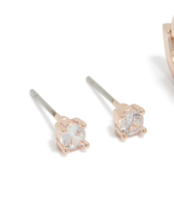 Crafted from rose gold plated cubic zirconia studs with dainty floral and crystal accents in 2-pack close up view