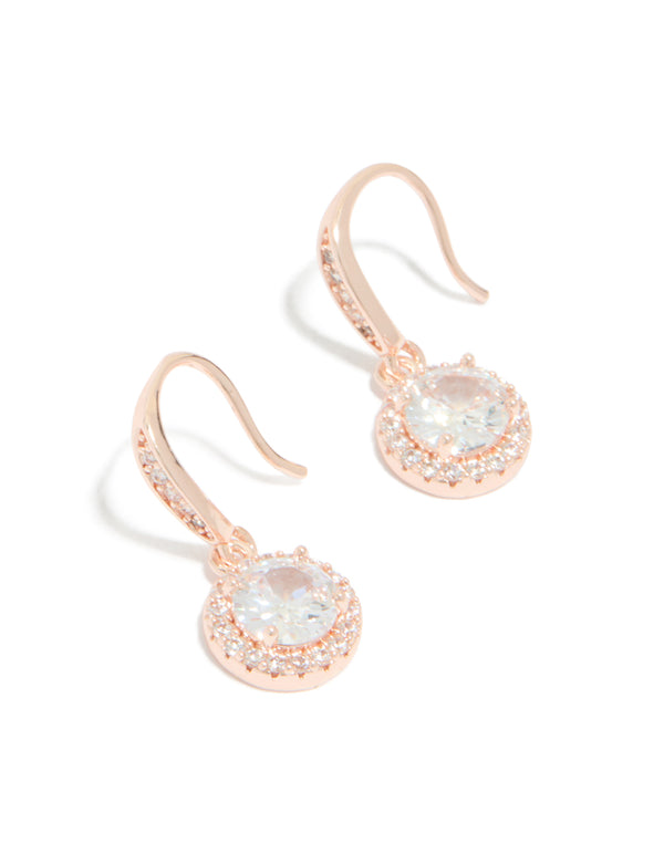 Featuring rose gold plated cubic zirconia round halo drop earrings front view