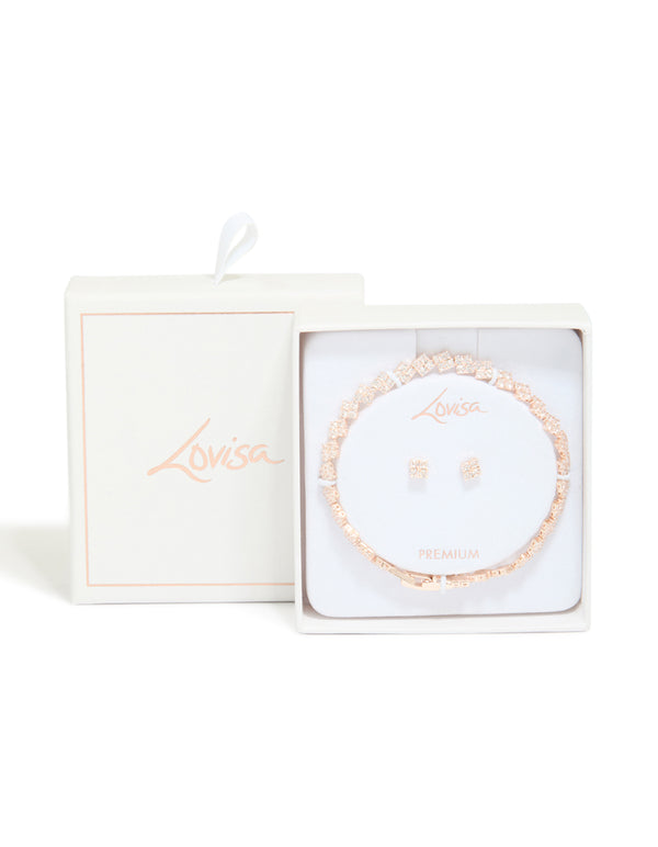 Rose Gold Plated Clover Tennis Bracelet & Earrings Set