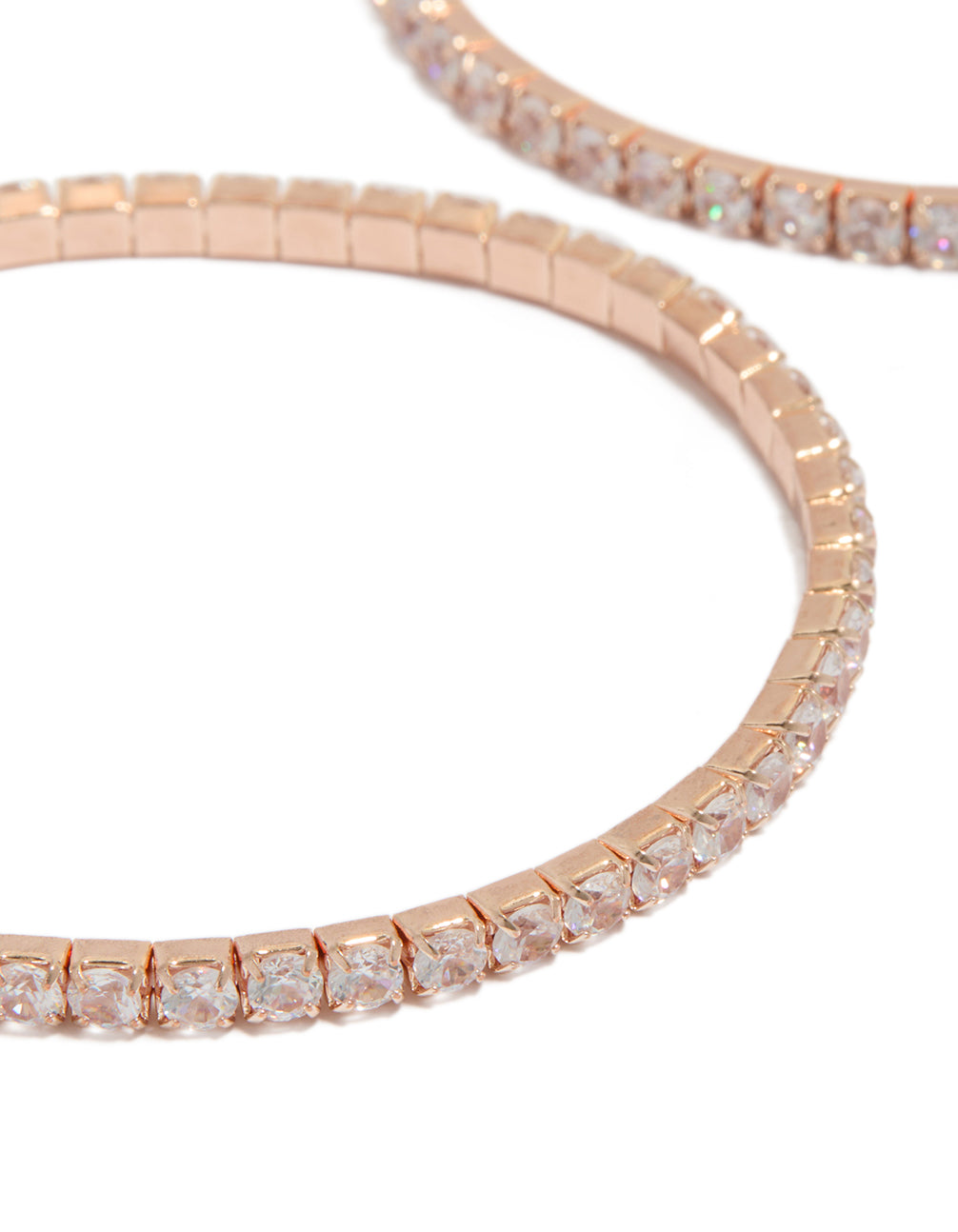 Showcasing rose gold plated cubic zirconia stretch tennis bracelets in a 2-pack close up view