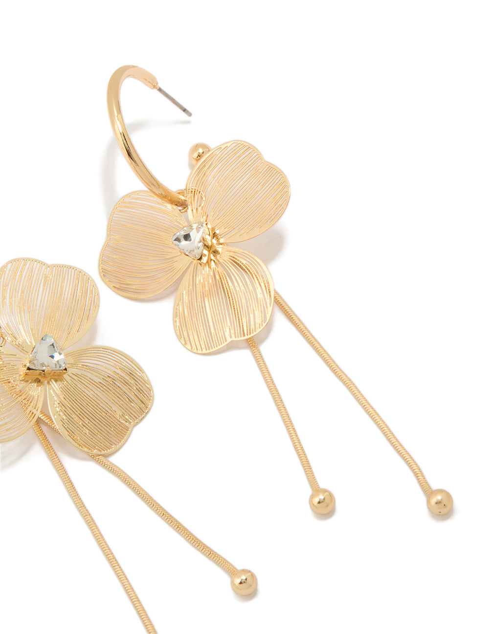 Highlighting laser cut flower drop earrings in gold with floral and clear gemstones accents in statement style post detail view