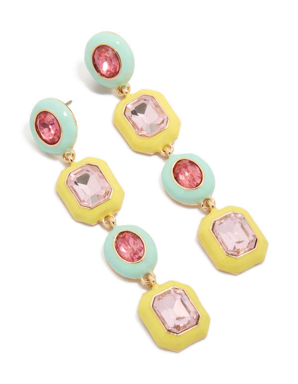 Gold Blue & Yellow Enamel Diamentes Drop Earrings
