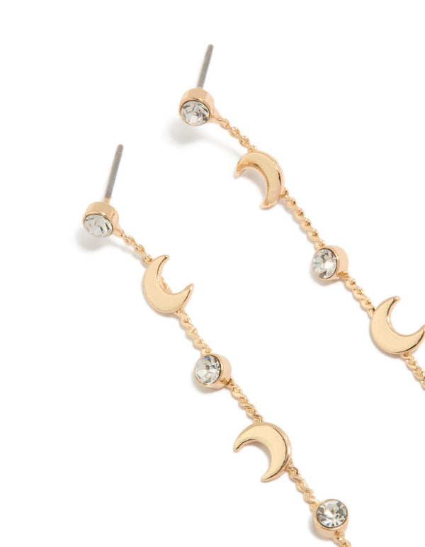 Gold Clear Diamante & Celestial Thin Drop Earrings