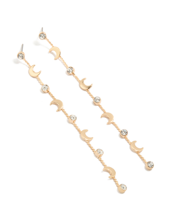 Gold Clear Diamante & Celestial Thin Drop Earrings