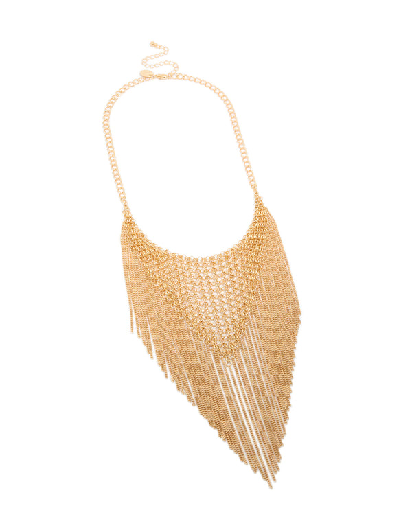 Explore this gold mesh bib tassel necklace in a statement style front view