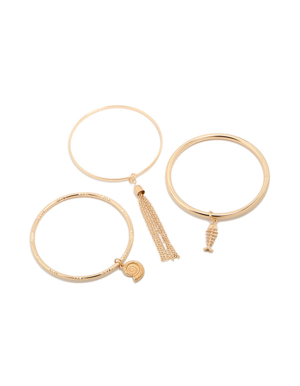 Gold Charm & Tassel Bangles 3-Pack