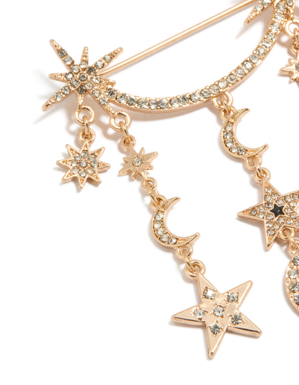 Gold Celestial Diamante Long Brooch