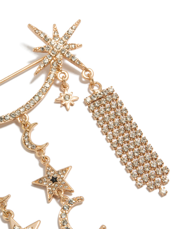Gold Celestial Diamante Long Brooch
