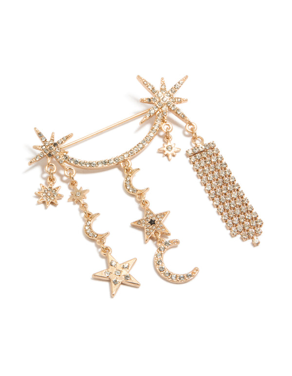 Gold Celestial Diamante Long Brooch