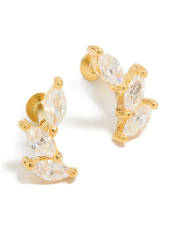 Elegant crawler earrings featuring gold plated sterling silver with marquise cut cubic zirconia and flat back stud closure front view