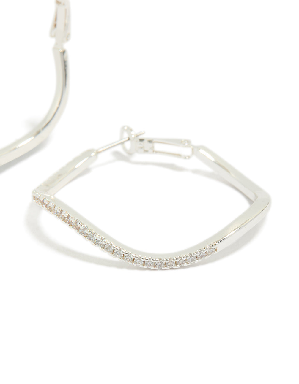 Showcasing silver diamante wavy thin hoop earrings post detail view