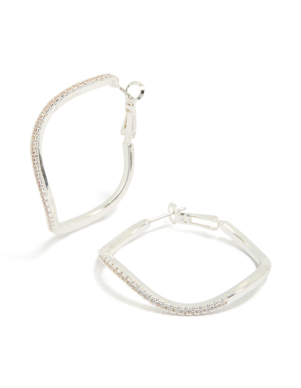 Discover silver diamante wavy thin hoop earrings front view