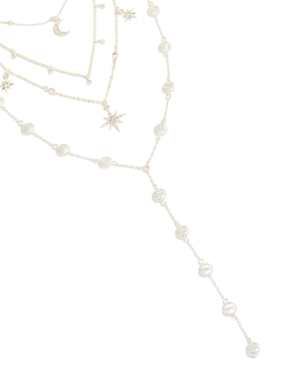 Showcasing a diamante celestial multi pearl layered Y-necklace with charm, star, and moon details in statement style close up view