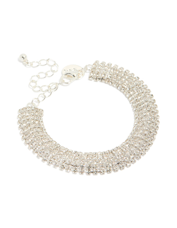 Stunning silver diamante thick flexible bracelet in a chunky style front view