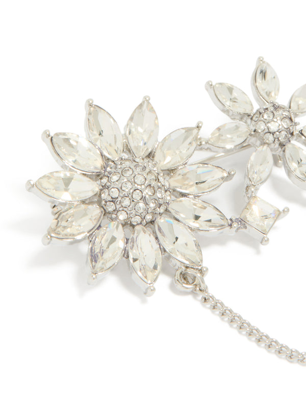 Silver Diamante Double Flower Chain Drop Brooch