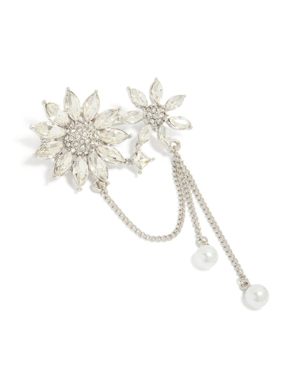 Silver Diamante Double Flower Chain Drop Brooch