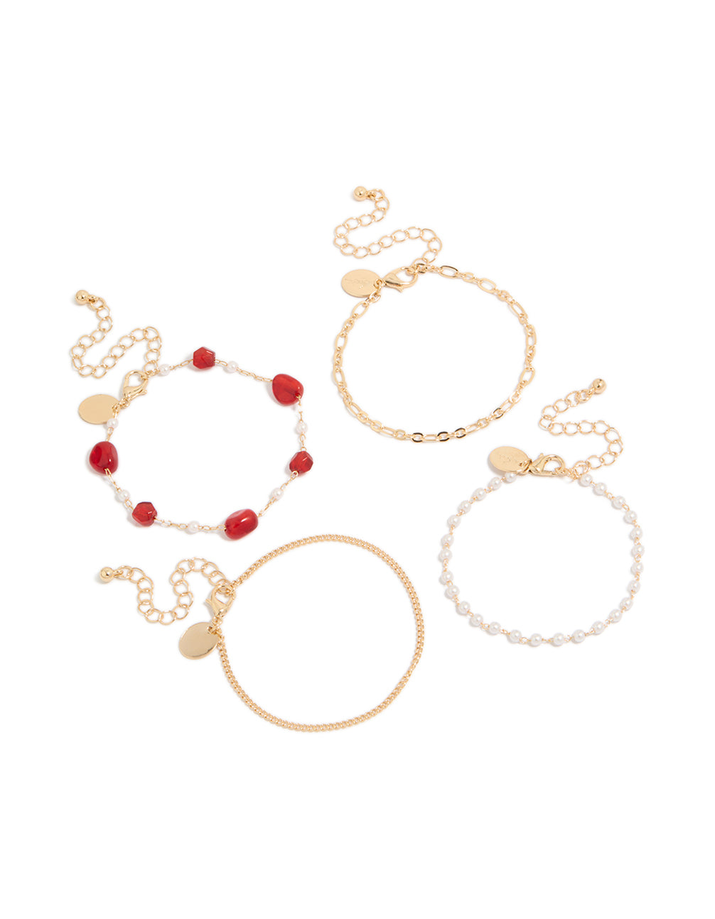 Showcasing a gold dainty pearl and red beaded chain bracelets 4-pack front view