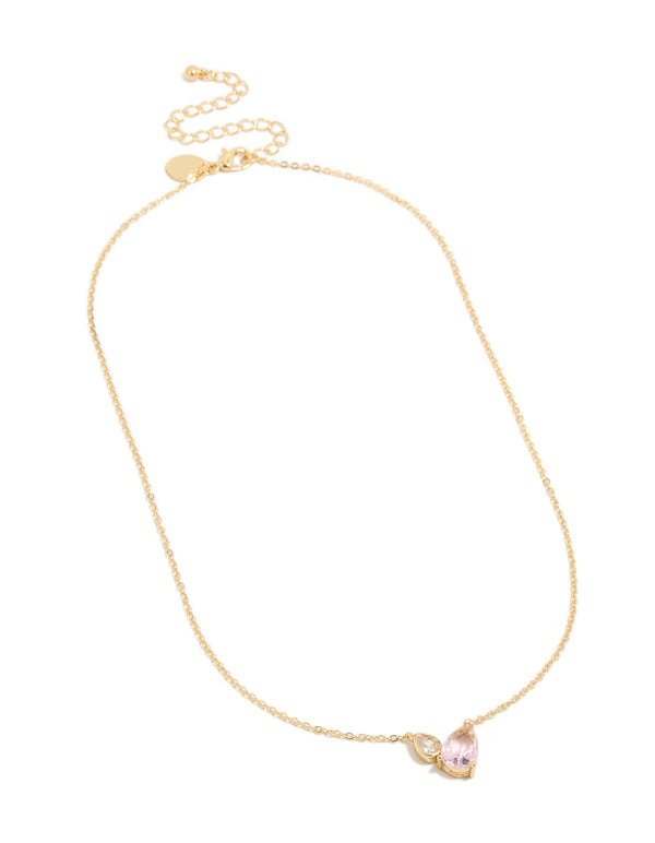 Featuring a gold plated October pink cubic zirconia pendant necklace crystal in dainty style front view