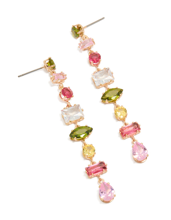 Discover statement drop earrings with mismatched colourful cubic zirconia stones in gold and pink, olive, yellow tones front view