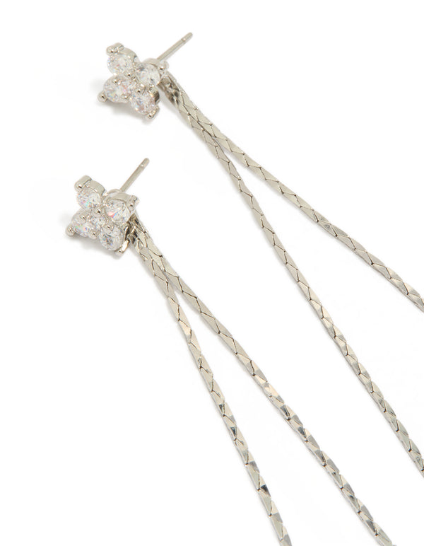 Elegant dainty floral cubic zirconia double chain flower drop earrings crafted in silver close up view