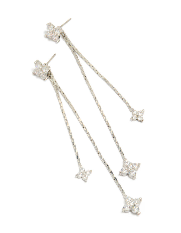 Showcasing dainty floral cubic zirconia double chain flower drop earrings in silver front view
