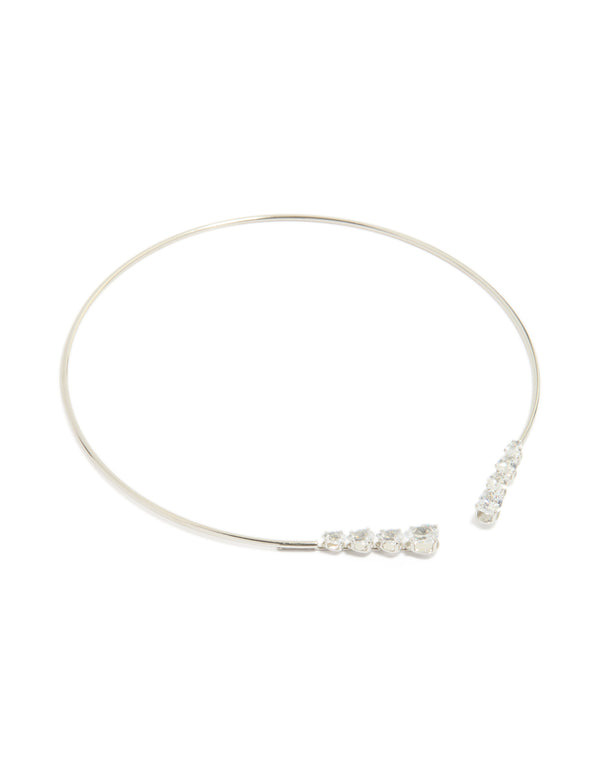 Showcasing an open front torque necklace with cubic zirconia in silver front view
