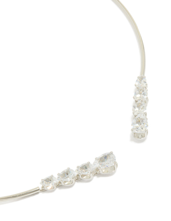 This open front torque necklace is crafted from cubic zirconia in silver close up view