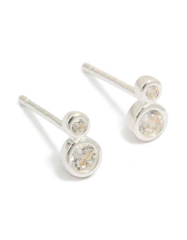 Elegant sterling silver cubic zirconia double bezel set stud earrings with clear accents front view