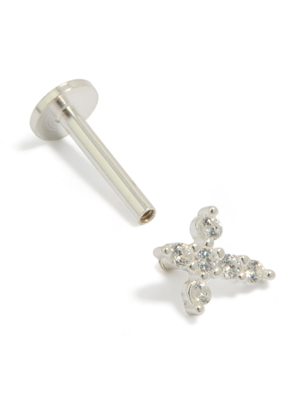 Highlighting sterling silver cubic zirconia cross stud earring with flat back closure post detail view