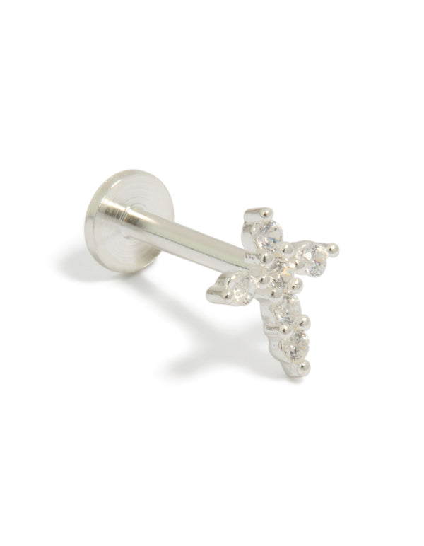 Crafted from sterling silver featuring cross detail with cubic zirconia embellishments and flat back closure front view