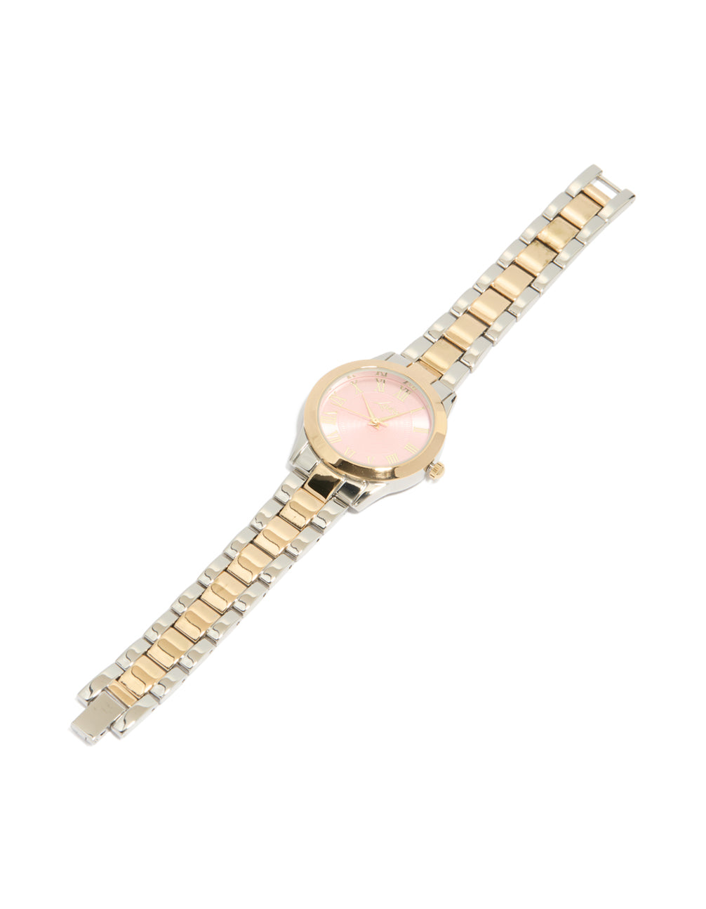 Elegant mixed metal pink face roman numeral watch with numbers on a round dial, crafted for women in casual occasions, featuring a multi-color link band and analog type front view