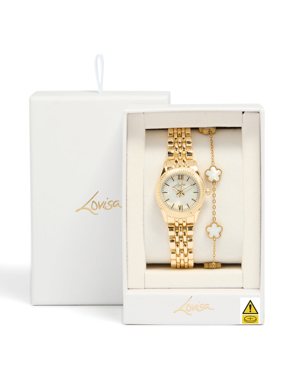Sophisticated gold watch and flower bracelet set featuring floral pattern, white roman numeral dial, round shape, women's casual analog timepiece, link band strap displayed in packaging in case detail view