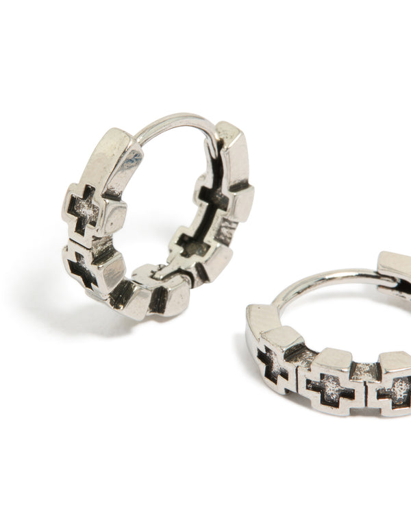 Waterproof Mens Black Brushed Stainless Steel Multi Cross Huggie Earrings