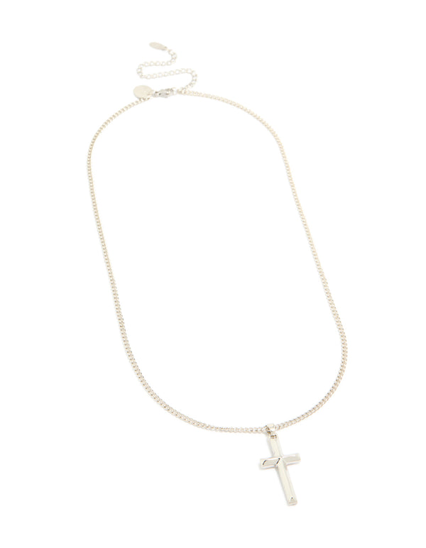Discover a waterproof mens stainless steel classic plain cross pendant necklace in silver front view