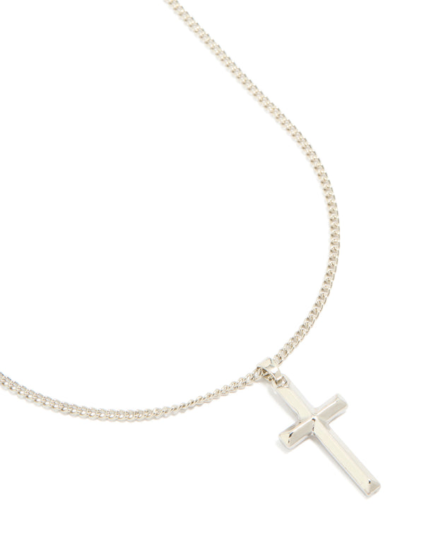 Showcasing a waterproof men's stainless steel classic plain cross pendant necklace in silver close up view