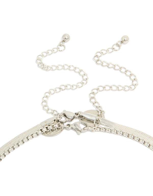 Highlighting mens waterproof stainless steel snake and box chain necklaces in a 2-pack crafted in silver clasp detail view