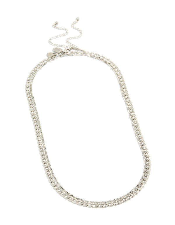 Featuring a mens waterproof stainless steel box and cuban chain necklace 2 pack in silver front view
