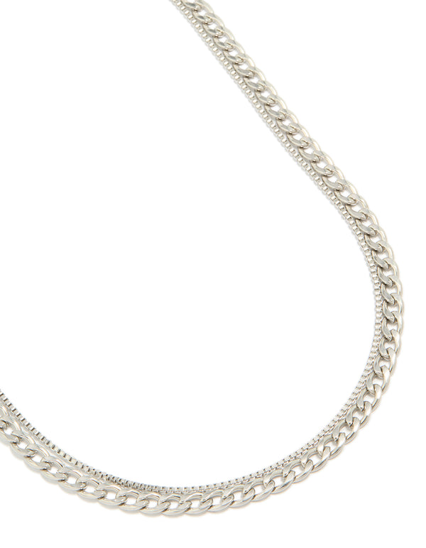 Showcasing a mens waterproof stainless steel box and cuban chain necklace 2 pack in silver close up view