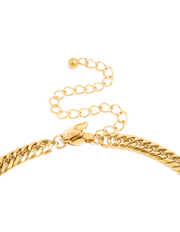 Explore a waterproof mens smooth cuban link necklace crafted from gold plated stainless steel clasp detail view