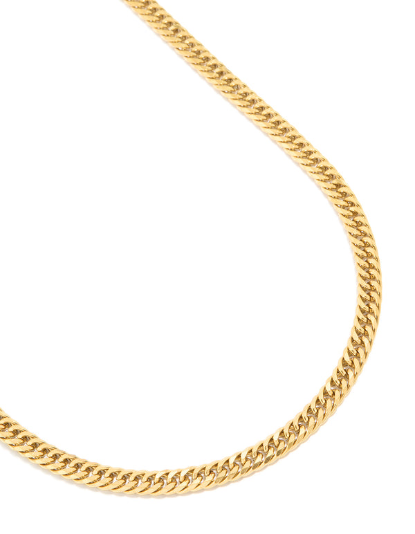 Discover a waterproof mens smooth cuban link necklace crafted from gold plated stainless steel close up view