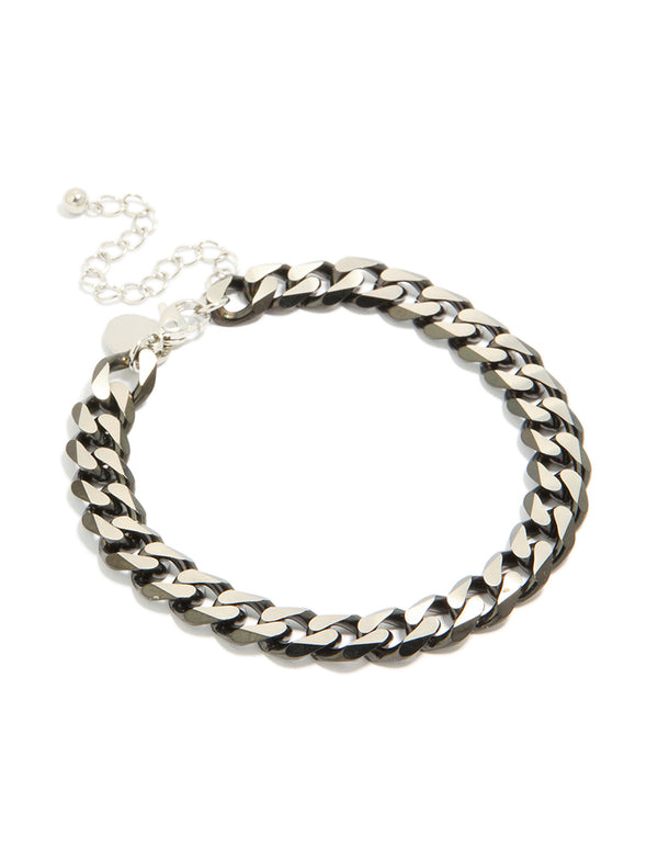 Featuring a mens waterproof stainless steel black link chain bracelet in silver front view