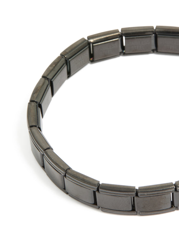 Featuring a waterproof mens black coated metal stainless steel stretch link chain bracelet in dimgrey close up view