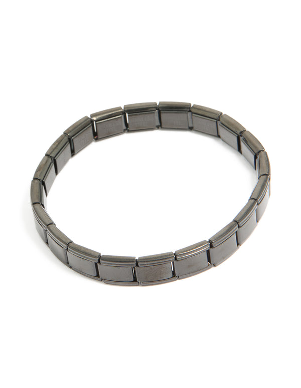 Showcasing a waterproof mens black coated metal stainless steel stretch link chain bracelet in dimgrey front view