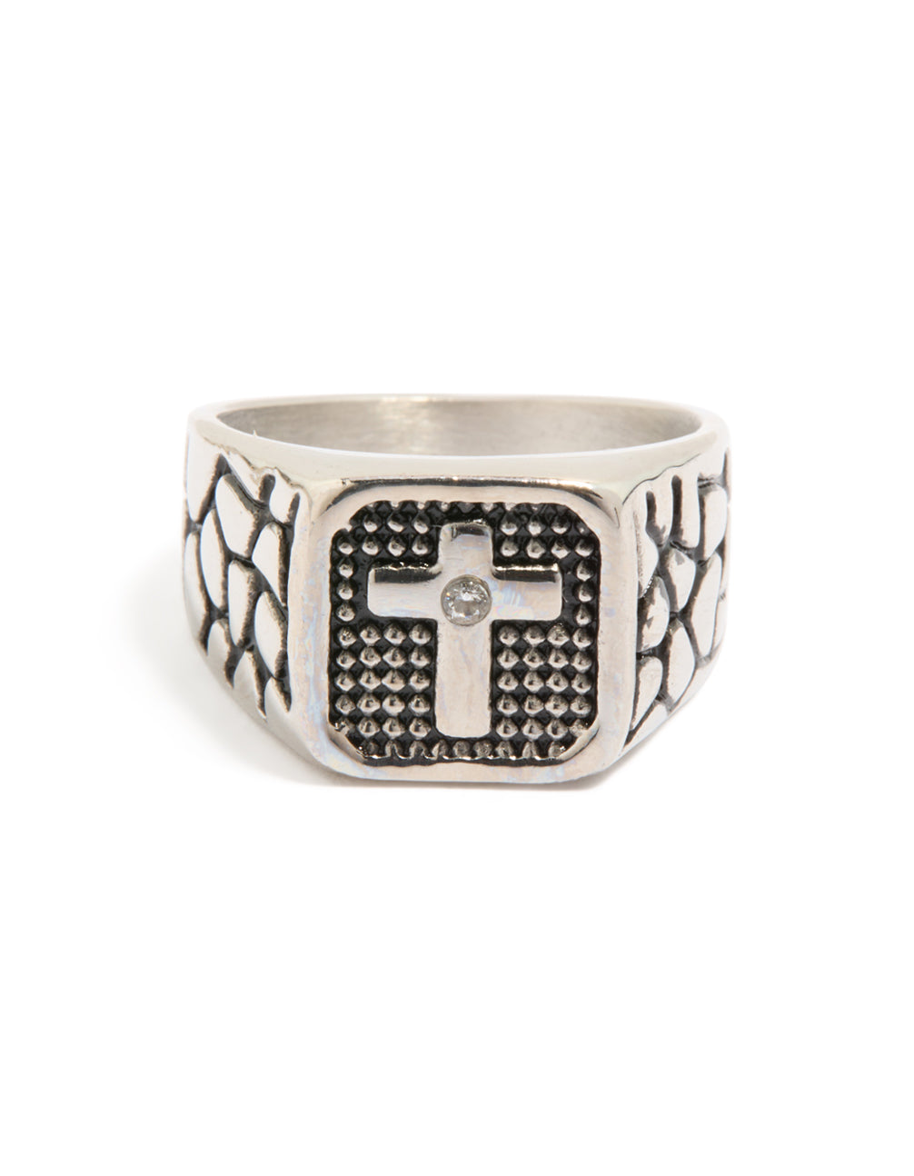 Discover a mens waterproof stainless steel cross signet ring with etched details featuring black accents and cubic zirconia in silver front view