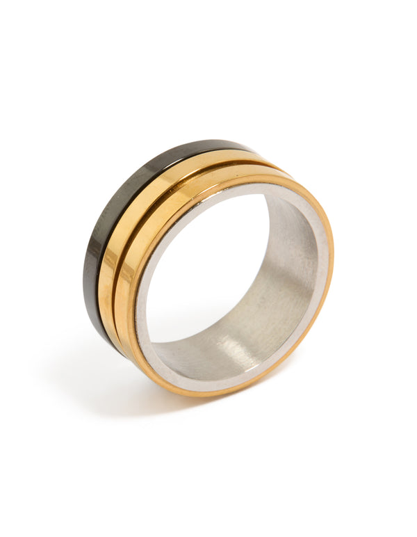 Featuring a mens waterproof band ring crafted from gold plated and black coated stainless steel in silver tones side detail view