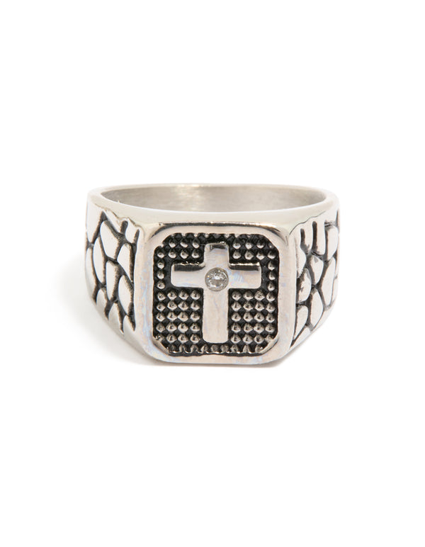 Detailed look at mens waterproof stainless steel signet ring featuring black etched cubic zirconia cross in statement style close up view