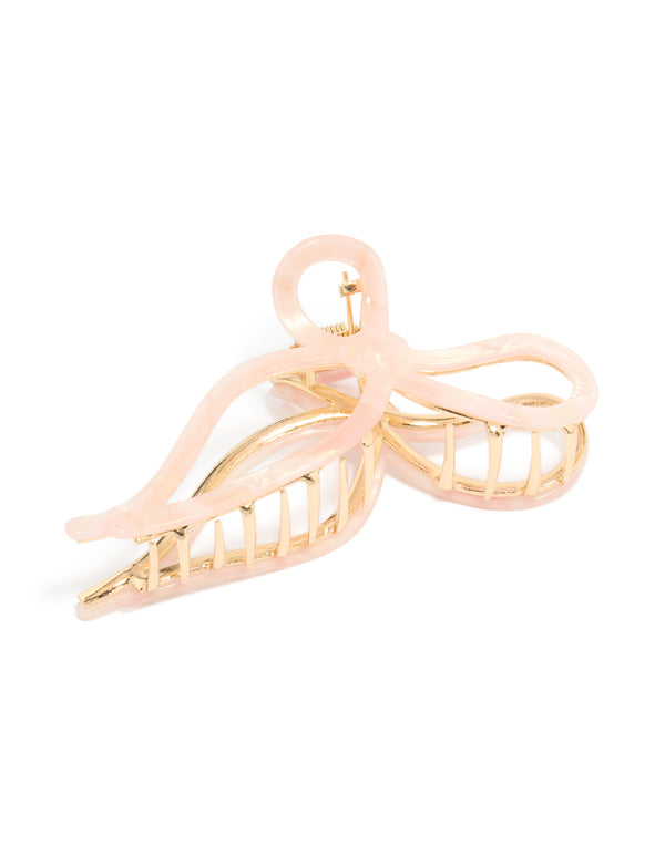 Beautifully crafted bow claw clip in solid pink and gold front view