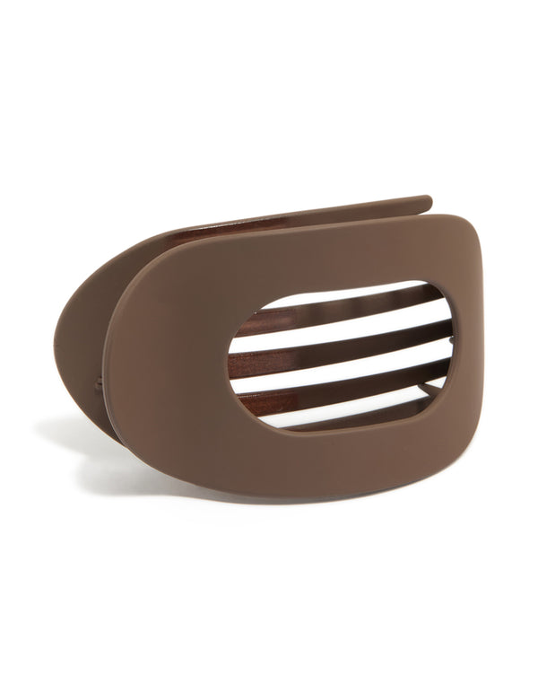 Featuring a solid chocolate brown matte flat oval claw clip front view
