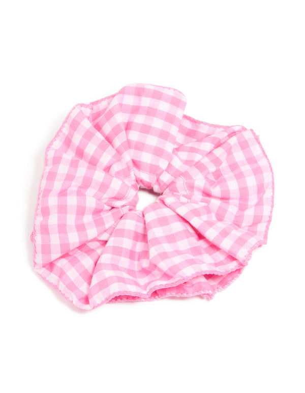 Pink & White Gingham Fabric Ruffled Scrunchie